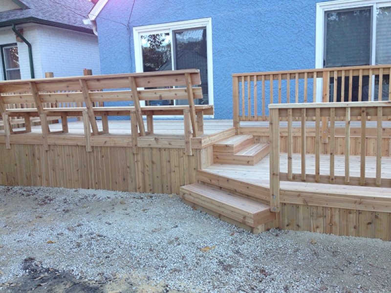 Two tier cedar deck with built-in benches