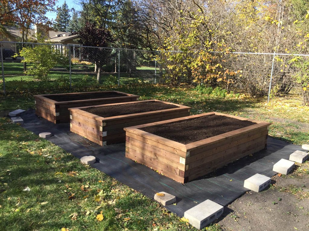 Treated brown wooden planting boxes