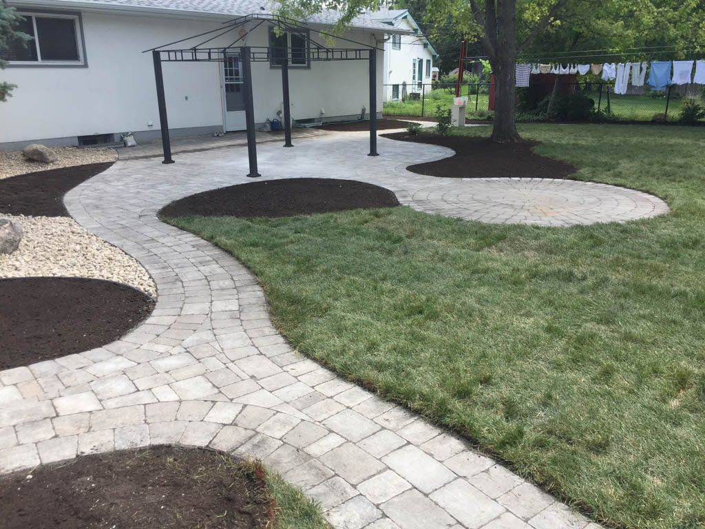 Complete yard re-grading with Roman paver walks, dry streambed, sod, etc
