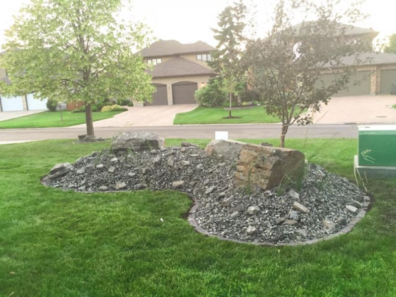 Front yard re-done with plants and black granite boulders