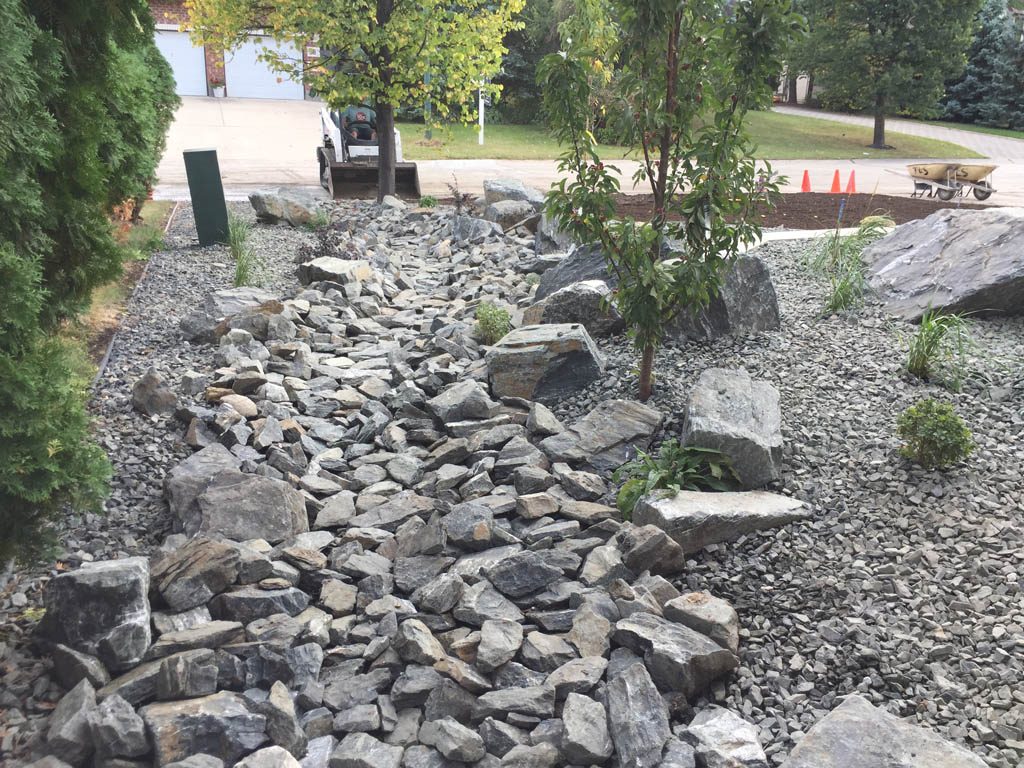 Front yard renovation with Architextures retaining wall, black granite, plants, sod